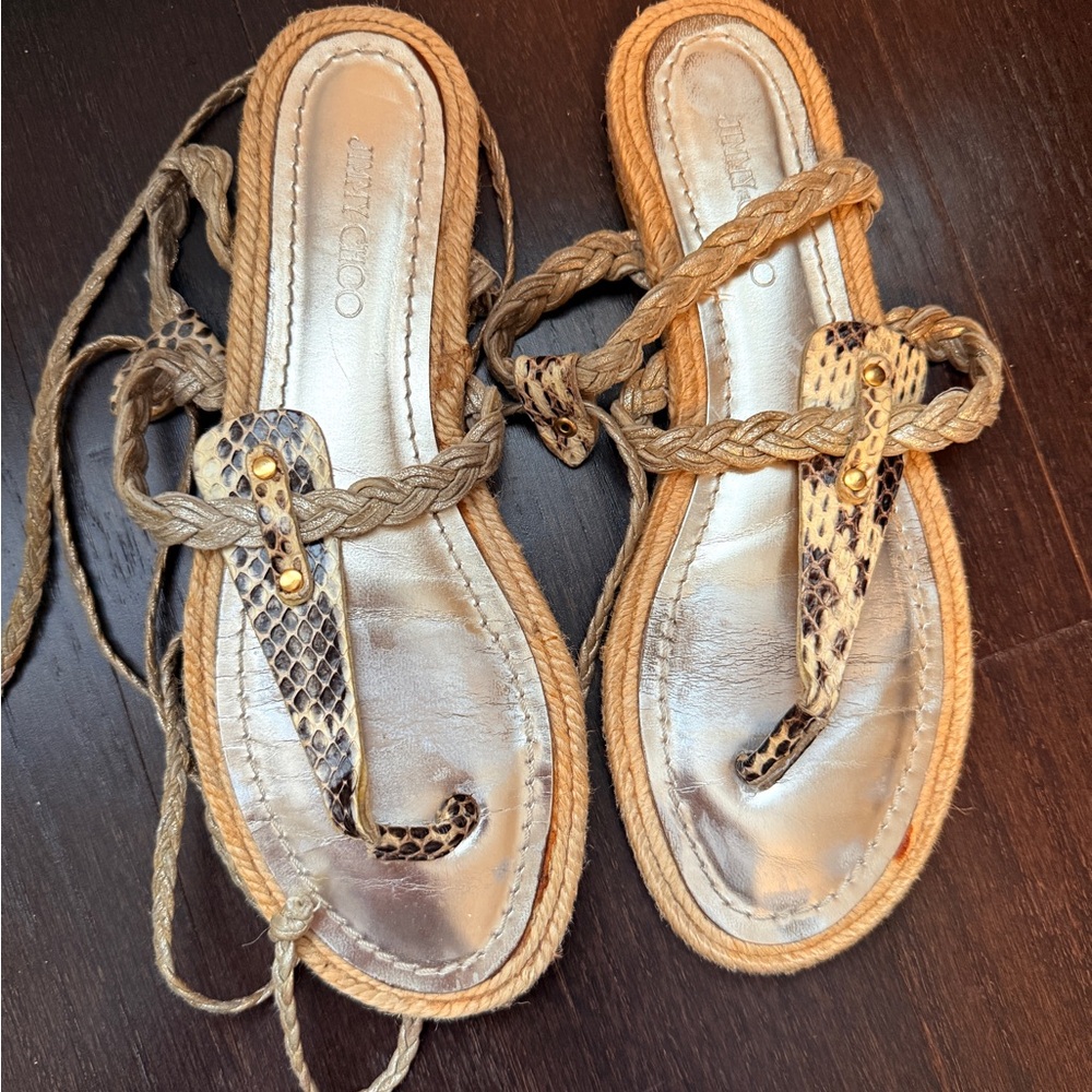 Jimmy Choo Gold & Snakeskin Toe Post Ankle Tie Espadrille Flats Size EU 38.5